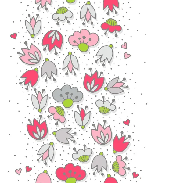 Desordenado diferentes flores de color rosa gris y corazones sobre fondo blanco con pequeños puntos retro romántico botánico sin costuras borde vertical — Vector de stock