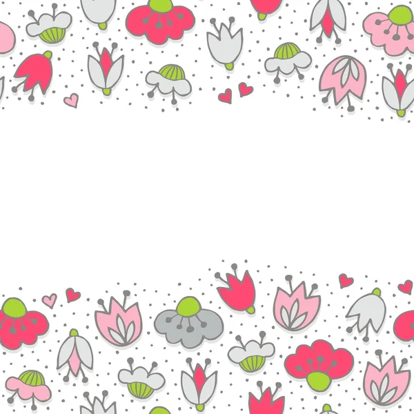 Chaotisch verschiedene bunte rosa grauen Blumen und Herzen auf weißem Hintergrund mit kleinen Punkten retro romantischen botanischen nahtlosen doppelten horizontalen Rand — Stockvektor