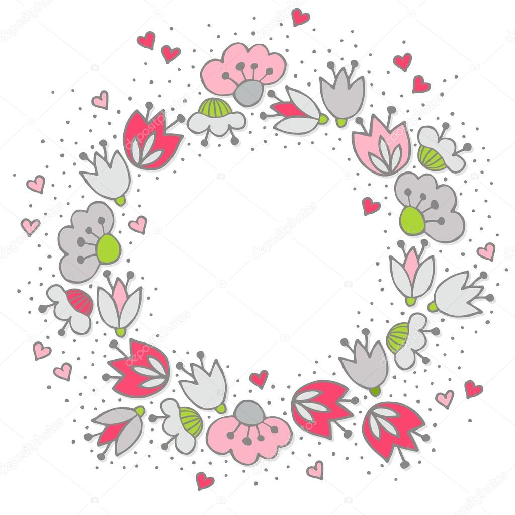 Messy different colorful pink gray flowers and hearts in round wreath on white background with little dots retro romantic botanical centerpiece illustration with place for your text