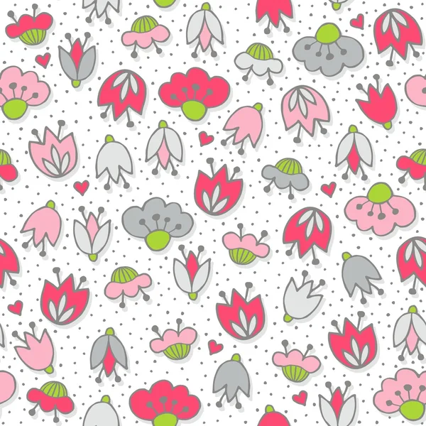 Messy different colorful pink gray flowers and hearts  on white background with little dots retro romantic botanical seamless pattern — Stock Vector