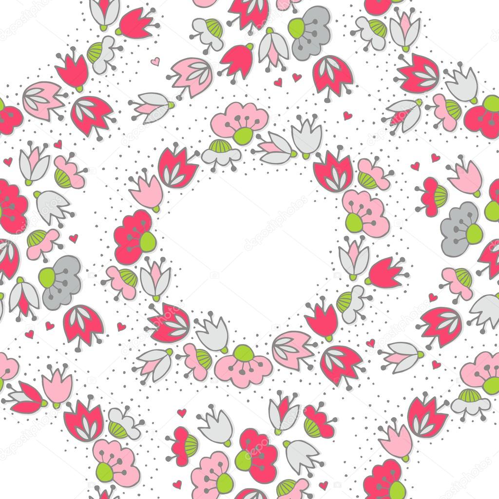 Messy different colorful pink gray flowers and hearts  in round wreath on white background with little dots retro romantic botanical seamless pattern