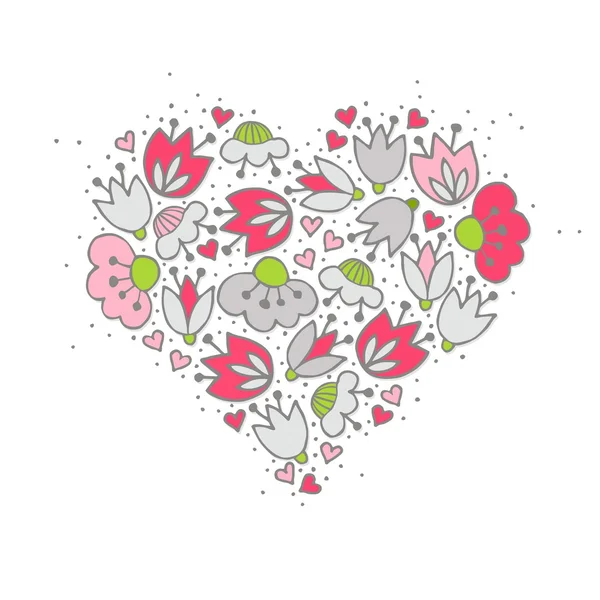 Messy different colorful pink gray flowers and hearts in heart shape on white background with little dots retro romantic botanical centerpiece illustration — Stock Vector