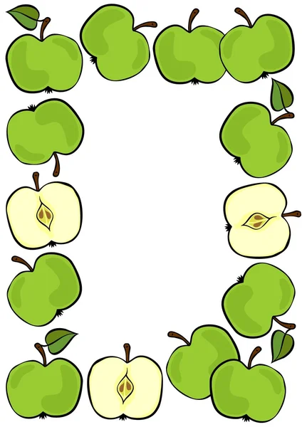 Delicious ripe green apples fruit frame isolated on white background colorful illustration — Stock Vector
