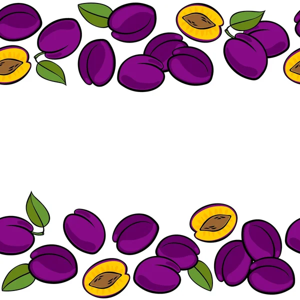 Délicieuses prunes mûres isolées sur fond blanc fruit coloré sans couture double frontière horizontale — Image vectorielle