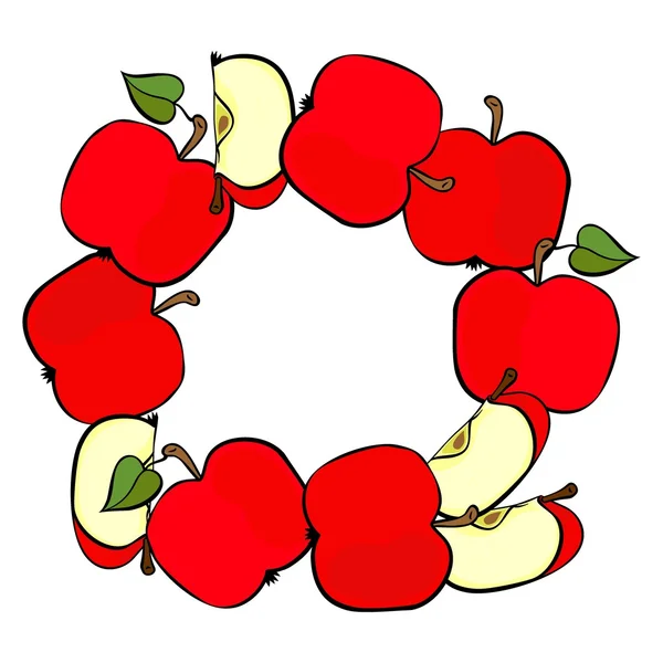 Delicious ripe red apples isolated on white background colorful fruit decorative wreath — Stock Vector