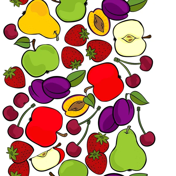 Pyszne dojrzałe owoce wymieszać na białym tle kolorowe bezszwowe granicy pionowej — Wektor stockowy