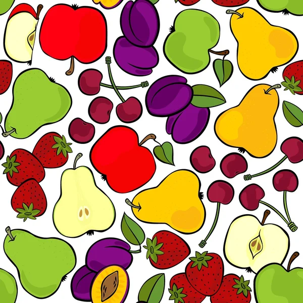 Délicieux mélange de fruits mûrs isolé sur fond blanc motif sans couture coloré — Image vectorielle