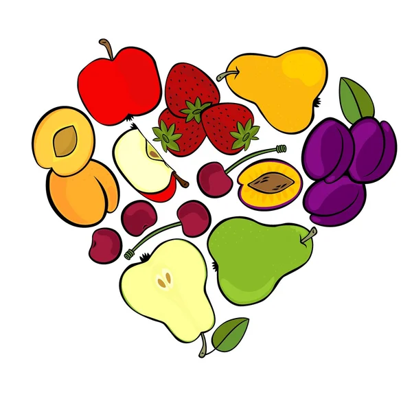 Pyszne dania dojrzałe owoce wyizolowanych w kształcie serca na białym tle ilustracji botanicznej centerpiece — Wektor stockowy