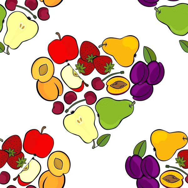 Deliciosa mistura de frutas maduras isoladas em forma de coração no fundo branco com pequenos pontos padrão botânico sem costura —  Vetores de Stock