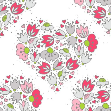 dağınık farklı renkli pembe gri çiçek ve küçük noktalar retro romantik botanik seamless modeli ile beyaz arka plan üzerinde kalp şeklinde Kalpler
