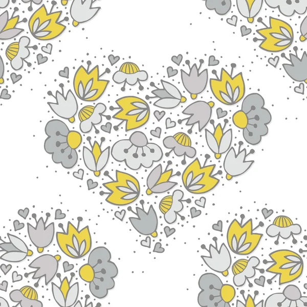 Disordinato diverso colorato giallo fiori grigi e cuori a forma di cuore su sfondo bianco con puntini retrò romantico modello botanico senza soluzione di continuità — Vettoriale Stock