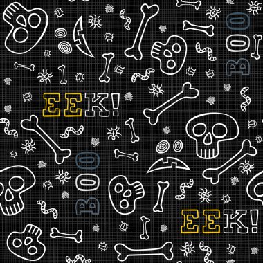 Boo eek halloween themed white border letters with skulls bones and worms autumn holiday colorful seamless pattern on dark background clipart