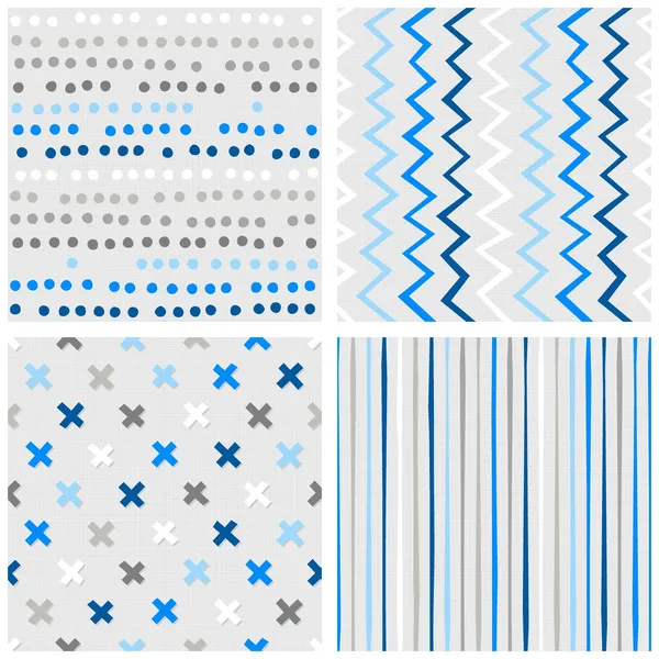 Set of white gray blue vector seamless patterns with dots chevron crosses and stripes on light background — Stock Vector