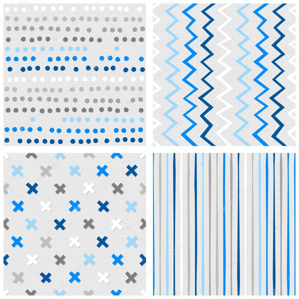 Set of white gray blue vector seamless patterns with dots chevron crosses and stripes on light background
