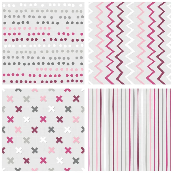 Set of white gray pink vector seamless patterns with dots chevron crosses and stripes on light background — Stock Vector