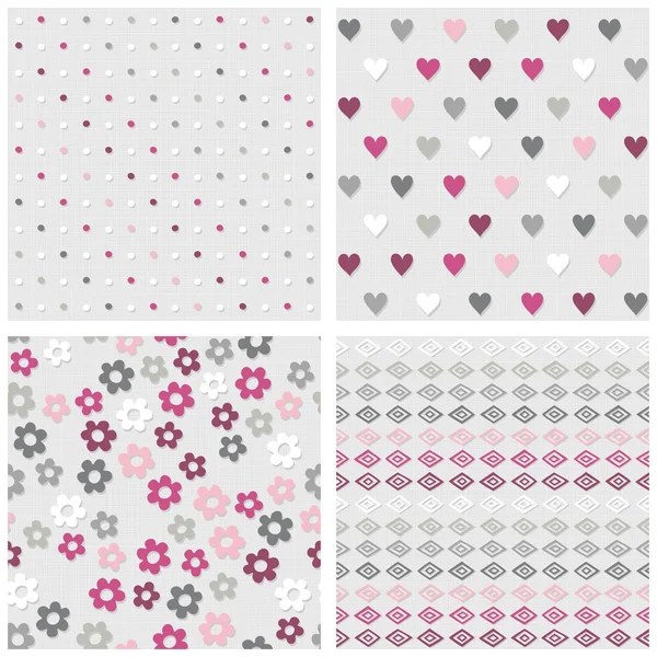 Set of white gray pink vector seamless patterns with dots hearts flowers and diamonds on light background — Stock Vector
