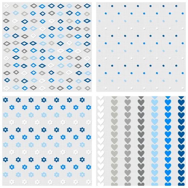 Set of white gray blue vector seamless patterns with diamonds dots flowers and hearts on light background — Stock Vector