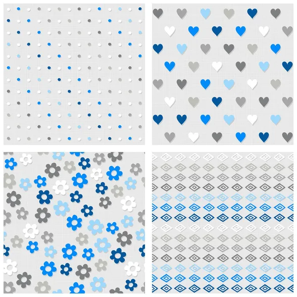 Set of white gray blue vector seamless patterns with dots hearts flowers and diamonds on light background — Stock Vector