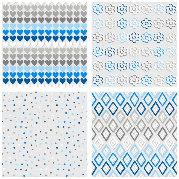 Set van wit grijs blauw vector naadloze patronen met harten bloemen stippen en diamanten op lichte achtergrond — Stockvector