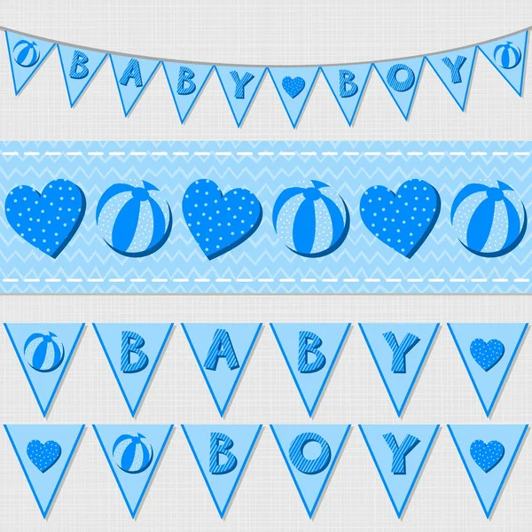 Doux bleu bébé garçon douche anniversaire drapeaux et ruban bunting ensemble sur fond clair — Image vectorielle