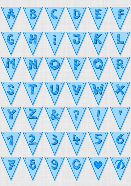 Letras y números de tiras azules en banderas de banderas de triángulo conjunto de alfabeto de bebé niño con dibujos de luz — Vector de stock