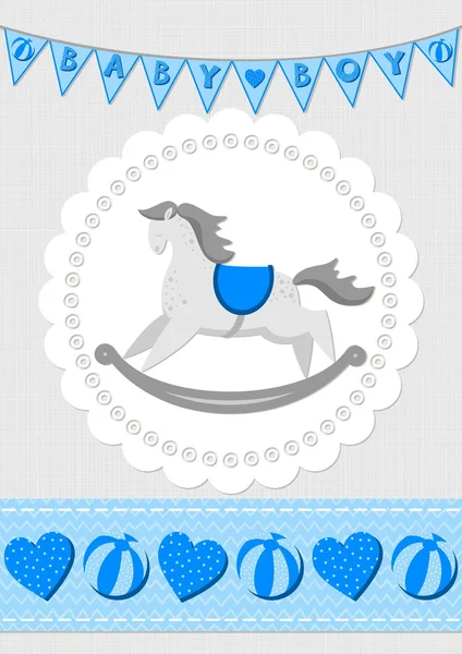 Toy animal rocking horse on white doily with flag banner and seamless ribbon blue baby boy room decorative illustration — Stok Vektör