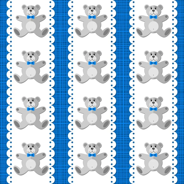 Giocattolo animale elegante orsacchiotto su bianco Centrino verticale nastro blu baby boy camera decorativo senza cuciture modello su sfondo blu — Vettoriale Stock