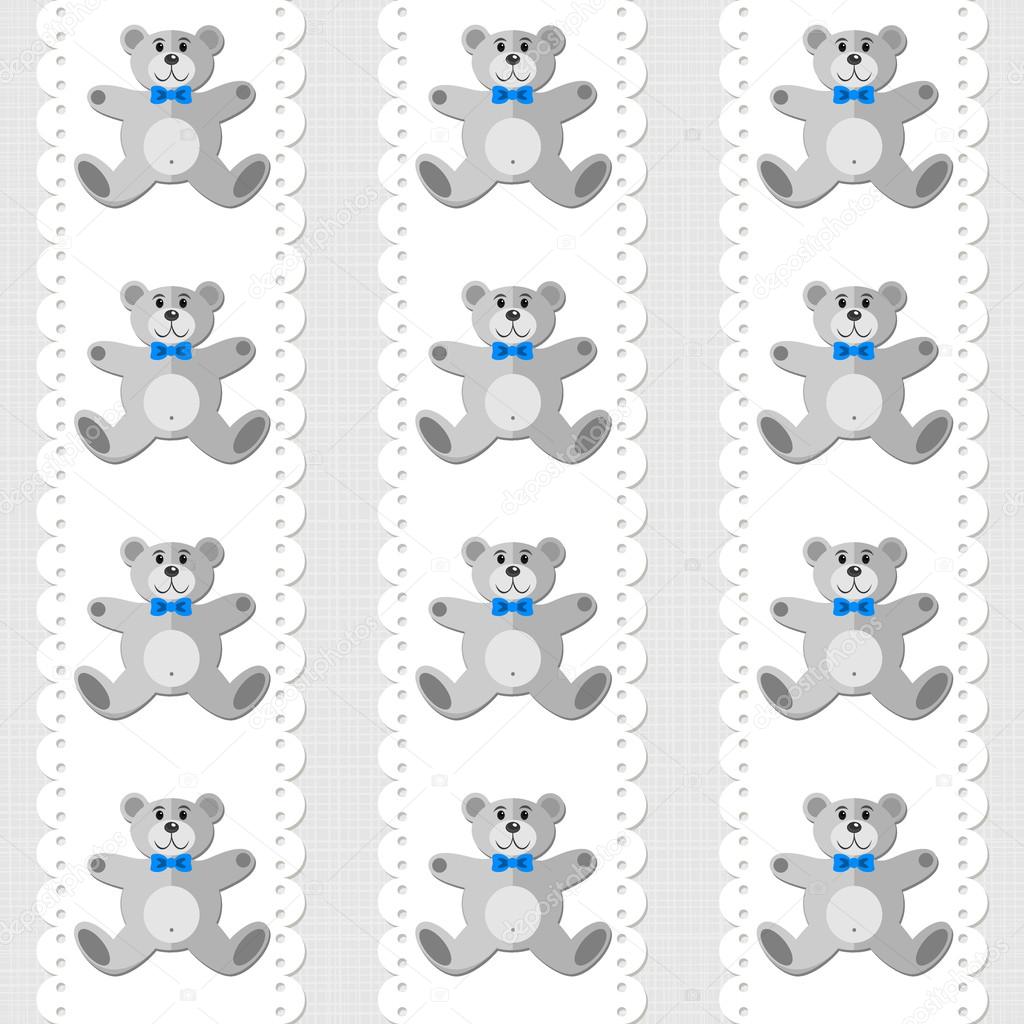Toy animal elegant teddy bear on white doily vertical ribbon blue baby boy room decorative seamless pattern on light background