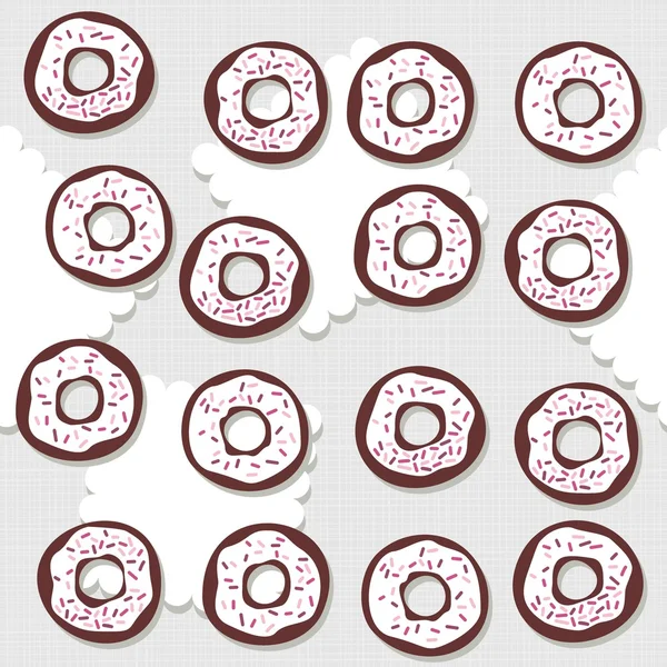 Sweet donuts with icing and pink sugar sprinkles messy food dessert seamless pattern on light background — Stock Vector