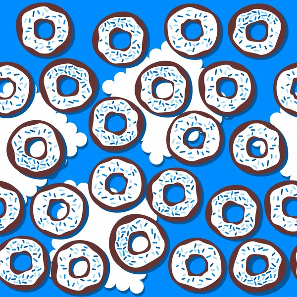 Sweet donuts with icing and blue sugar sprinkles messy food dessert seamless pattern on blue background — Stock Vector