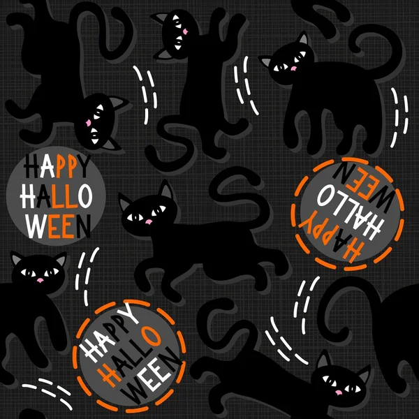 Black cats with halloween wishes holiday seamless pattern on dark background — Stock Vector