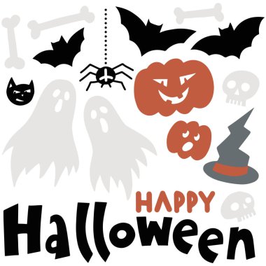 Korkunç kafatasları, yarasalar, balkabakları örümcek ağları ve beyaz arka planda izole edilmiş Mutlu Cadılar Bayramı dilekleri.