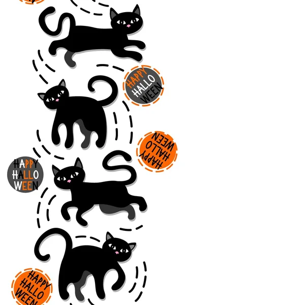 Zwarte katten met halloween vakantie naadloze verticale rand wenst op witte achtergrond — Stockvector