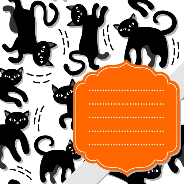 Patrón sin costuras de vacaciones de gatos negros sobre fondo blanco con marco naranja en forma retro y tarjeta de vacaciones de cinta gris — Vector de stock