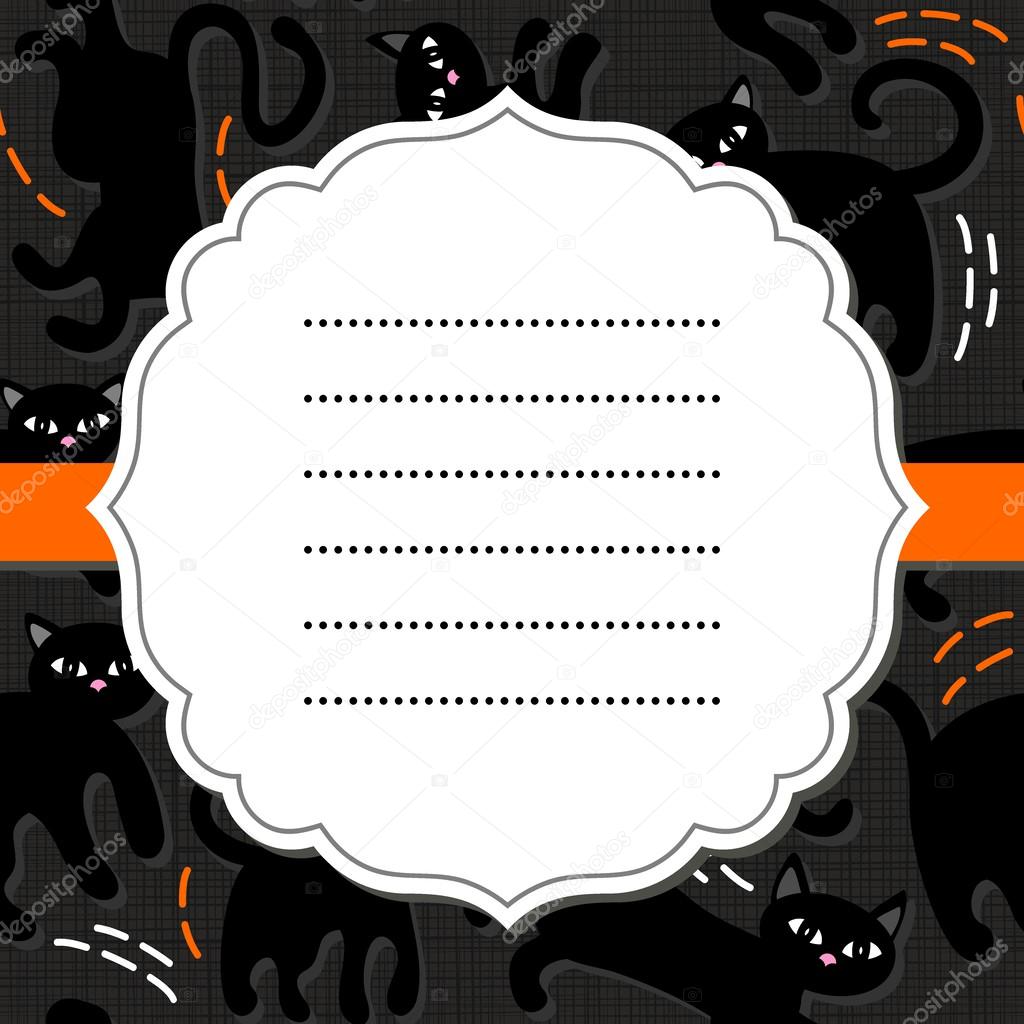 White retro frame on orange ribbon with place for your text on black cats domestic animal seamless pattern on dark background seasonal card invitation poster