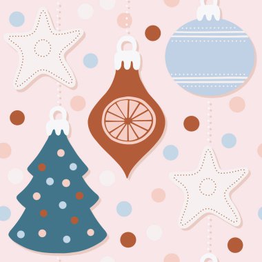 Pastel renkli cam toplar ve konfeti rengarenk kış tatili dekoratif vektörler açık arkaplanda kusursuz desen