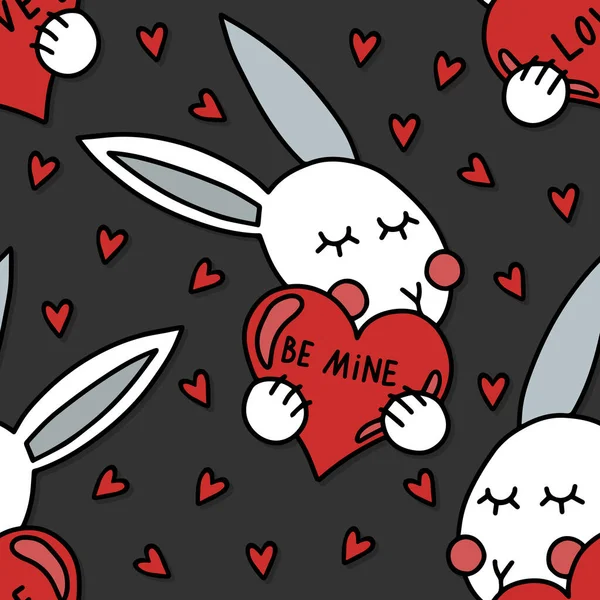 Sweet Loving Rabbit Heart Valentines Day Vektor Bunt Illustriert Nahtlose — Stockvektor