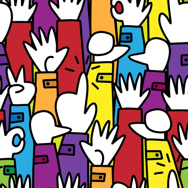 手のない言葉の手話の漫画のスタイルは 人間の手を描いたカラフルなベクトルシームレスなパターン — ストックベクタ