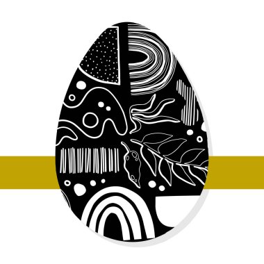 Grafik şeklinde dekore edilmiş Paskalya yumurtası çizimi. Bahar sezonu tatil kartı, zeytin kurdelesiyle izole edilmiş.