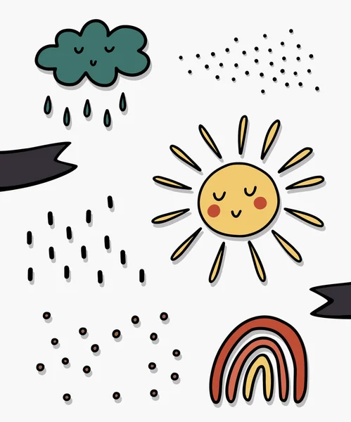 彩色彩虹云雨阳光手绘涂鸦简约风格的天气符号元素集儿童卡内海报 — 图库矢量图片