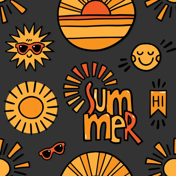 夏の太陽夏のドアのカラフルな要素ベクトルの繰り返しパターン上の暗い背景の紙の壁紙シームレスな印刷 — ストックベクタ