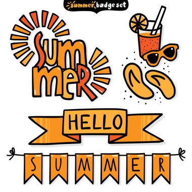 Güneş yaz mevsimi rozet merkezi poster broşürü web renkli vektör karalama çizim elementleri beyaz arka planda izole