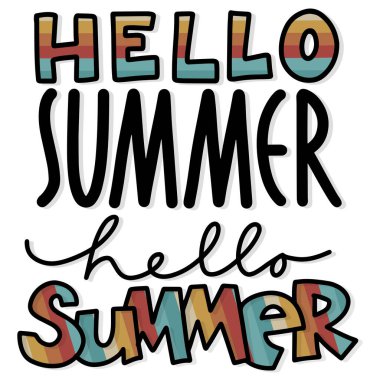 Merhaba yaz mevsimi rozet merkezi poster broşürü web renkli vektör karalama tipografik elementleri beyaz arka planda izole