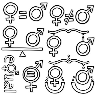 Erkek kadın cinsiyet sembolü, web ve baskı için eşit haklar monokrom siyah el çizilmiş vektör piktogramları