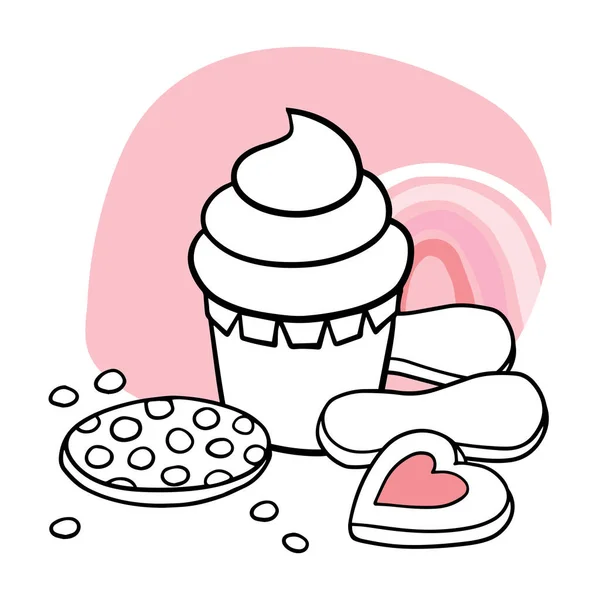 Sweet Cupcakes Cookies Cute Linear Vector Food Illustration Isolated Pink — 图库矢量图片