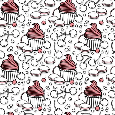 sweet cupcakes cookies macarons cherries and berries cute black white and pink linear vector food seamless pattern isolated on white background