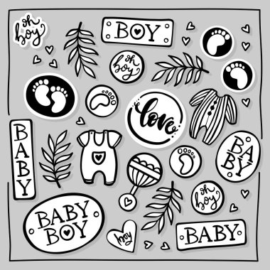 Hand drawn messy baby boy  accessories toys and badges. Abstract linear vector illustration. Black and white cute graphic element set isolated on gray background.