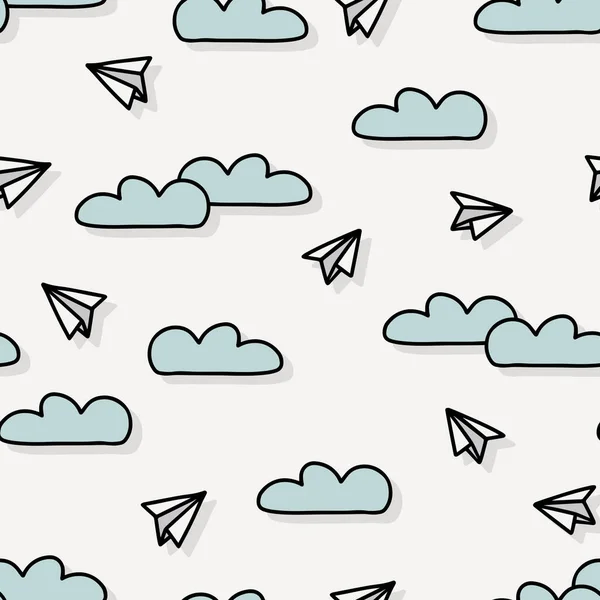 Hand Drawn Doodle Paper Planes Clouds Monochrome Linear Vector Seamless — Stock Vector