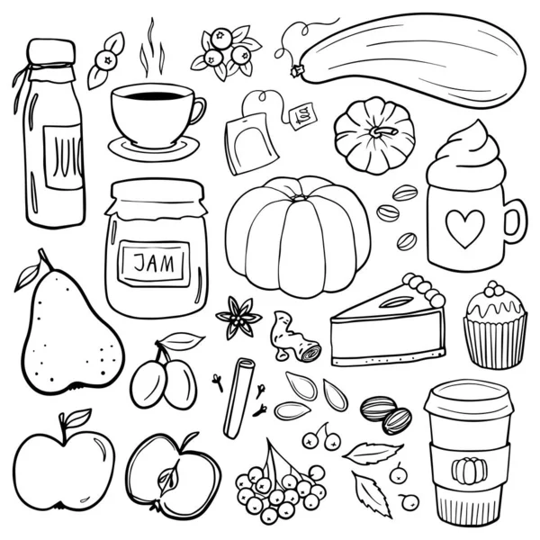 Fall Autumn Yummy Doodle Linear Outline Monochrome Vector Seasonal Illustration — Stock Vector