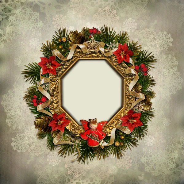 Vintage background with a Christmas wreath and angel — Stock Photo, Image